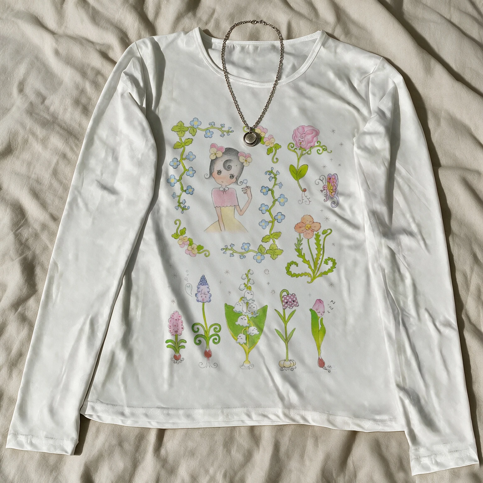 Y2K streetwear Women Kawaii Floral Cartoon Long Sleeve T-shirt Vintage Fairycore Botanical Graphic Slim Fit Tops Ladies' top