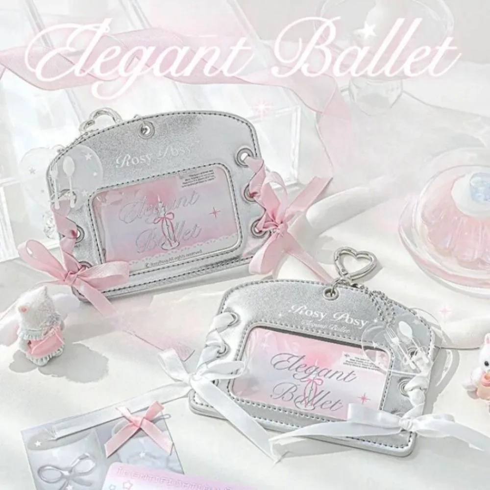 

Korean Style Balletcore Idol Photocard Holder with Keychain Pendant Protective Case Ribbon Bow Bus Card Holder Silver