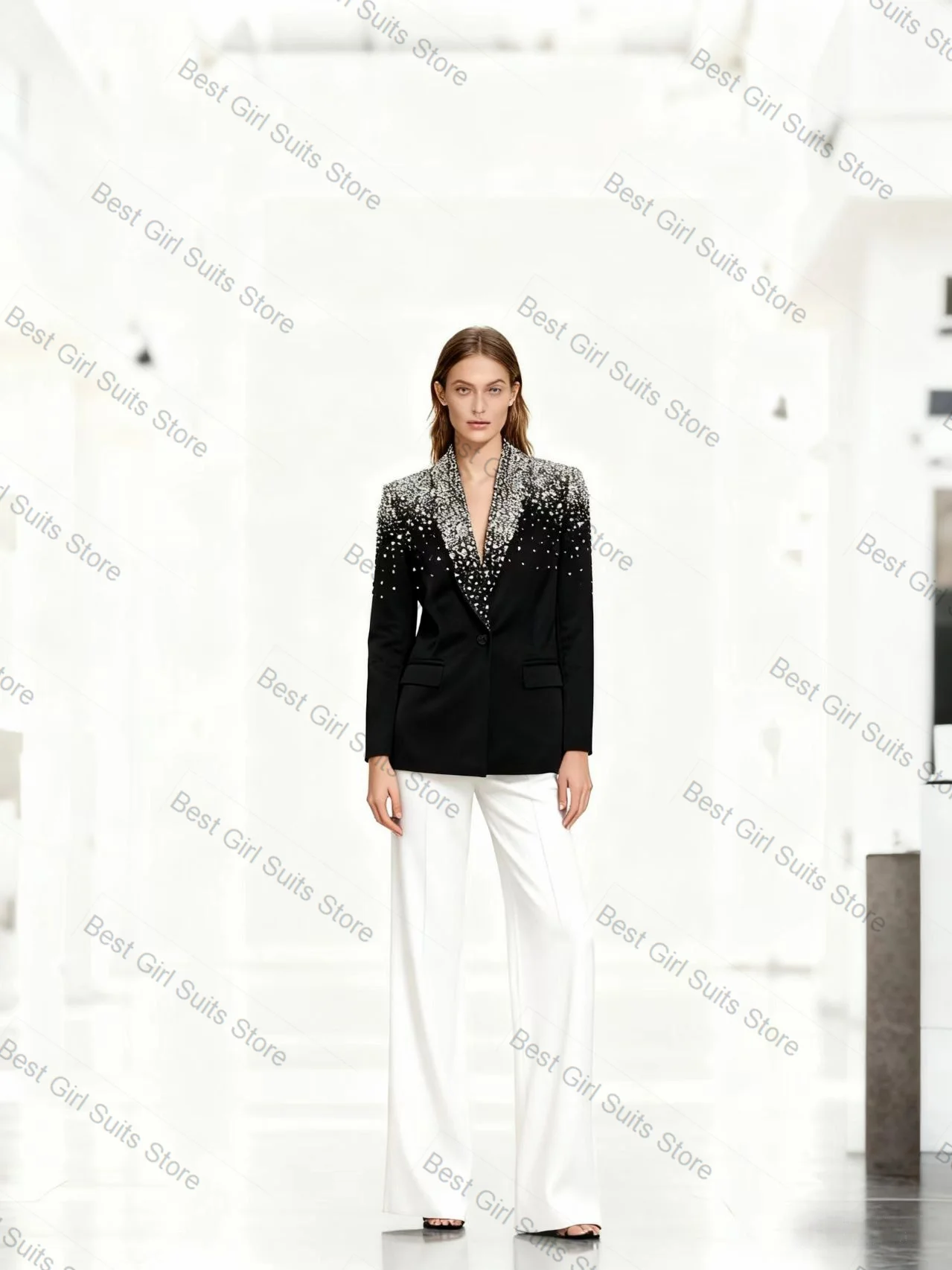 

Black Crystals Women Suit Set 2 Piece Shiny Blazer+Pants Trousers Cotton Formal Office Lady Jacket Customized Prom Wedding Coat