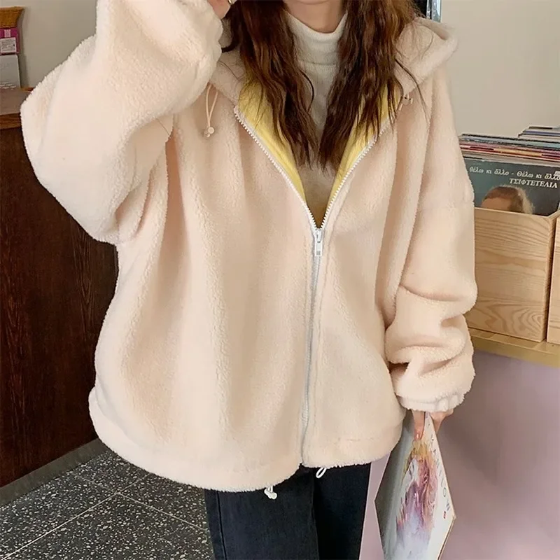 2024 Hooded Ladies Plus Velvet Thick Coat All-match Autumn and Winter Lamb Wool Loose Coat Pure Yellow Sweet and Cute Jacket