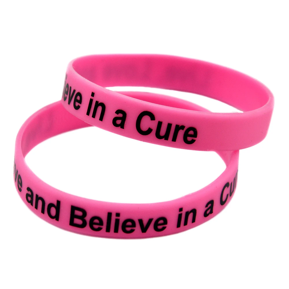 1 PC Printed Live Love and Believe in a Cure Cancer Silicone Rubber Wristband Pink