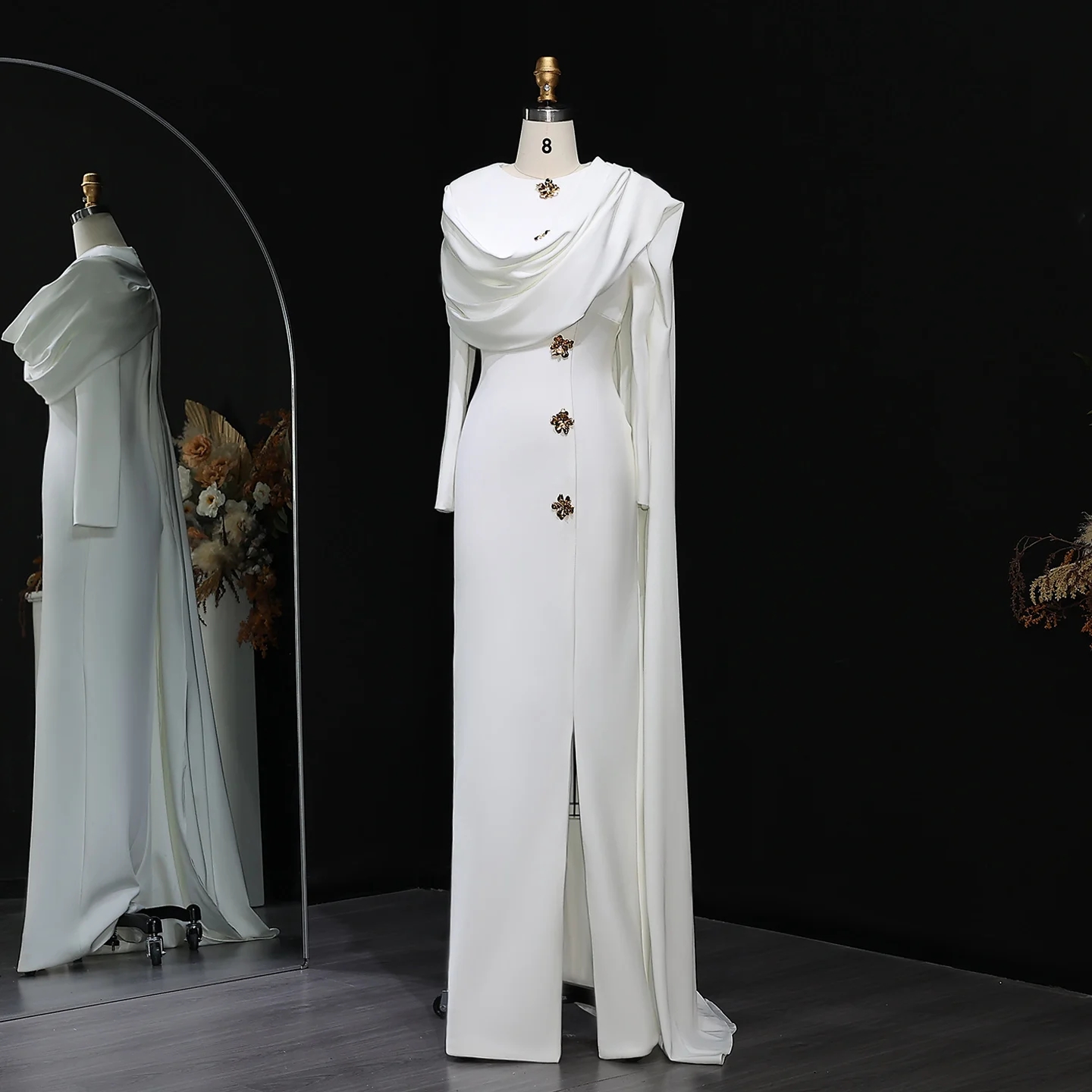 Sharon Said 2026 Arabic White Mermaid Evening Dress Arabic Dubai Cape Full Sleeves Wedding Party Gowns SF536 Customized image 2