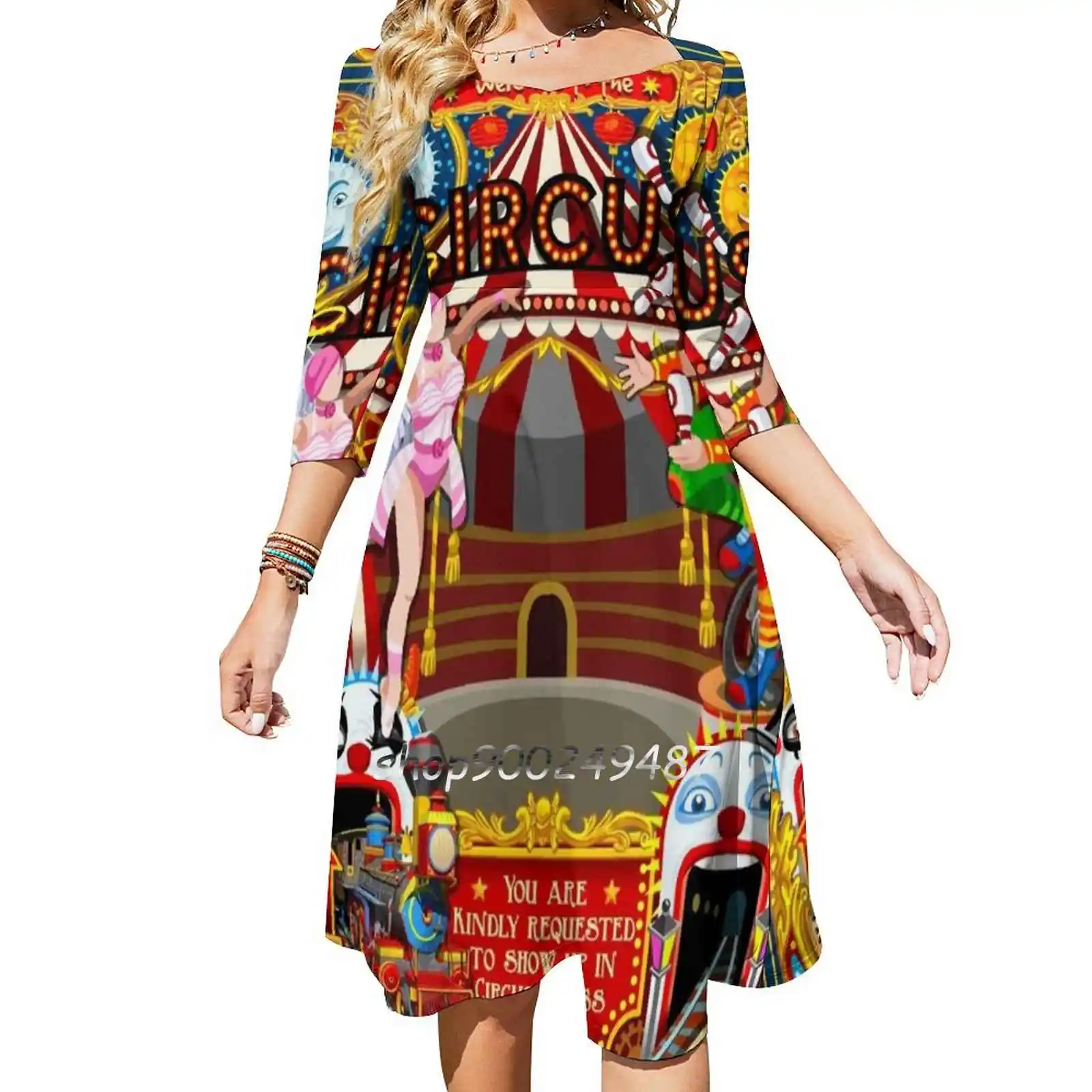 

Carnival Circus Amusement Family Theme Park Illustration Flare Dress Square Neck Dress Elegant Female Fashion Printed Dress