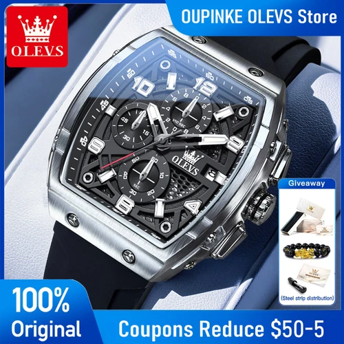 Imagen 1 del producto OLEVS 2976 Reloj para hombre, correa de silicona a la moda, cronógrafo Tonneau, Reloj de cuarzo, relojes deportivos luminosos resistentes al agua con fecha, Reloj de regalo