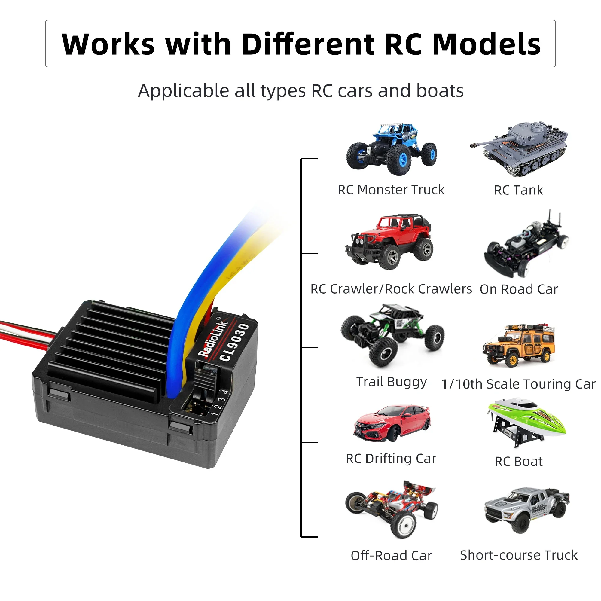 Radiolink Cool 9030 90A Waterproof Brushed ESC 2-4S Built-in BEC 5A Selectable 5.5V/7.5V for 1/10 RC Crawlers Off-road Car Truck