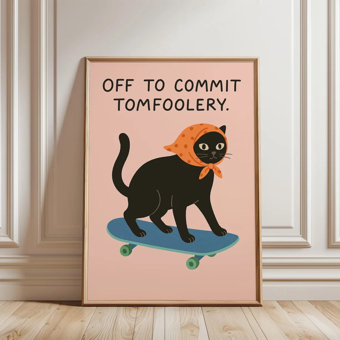 „Schrullige schwarze Katze“-Wanddruck-Dekoration – „Off to Commit Tomfoolery“, Skateboarding-Katze-Poster für verspielte Heim-Wandkunst (süße Whim