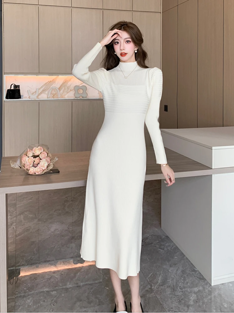 

Women Elegant Half High Collar Knitted Dress Autumn Winter New French Temperament Gentle Design Sense Priming Mid Length Skirt