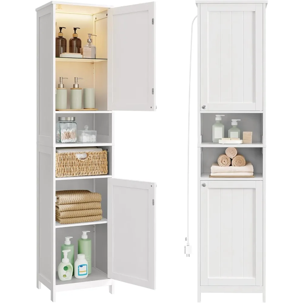 

Tall Bathroom Cabinet with Lights, Slim Bathroom Storage Cabinet, Freestanding Narrow Cabinet with Adjustable Shelves, for Smal