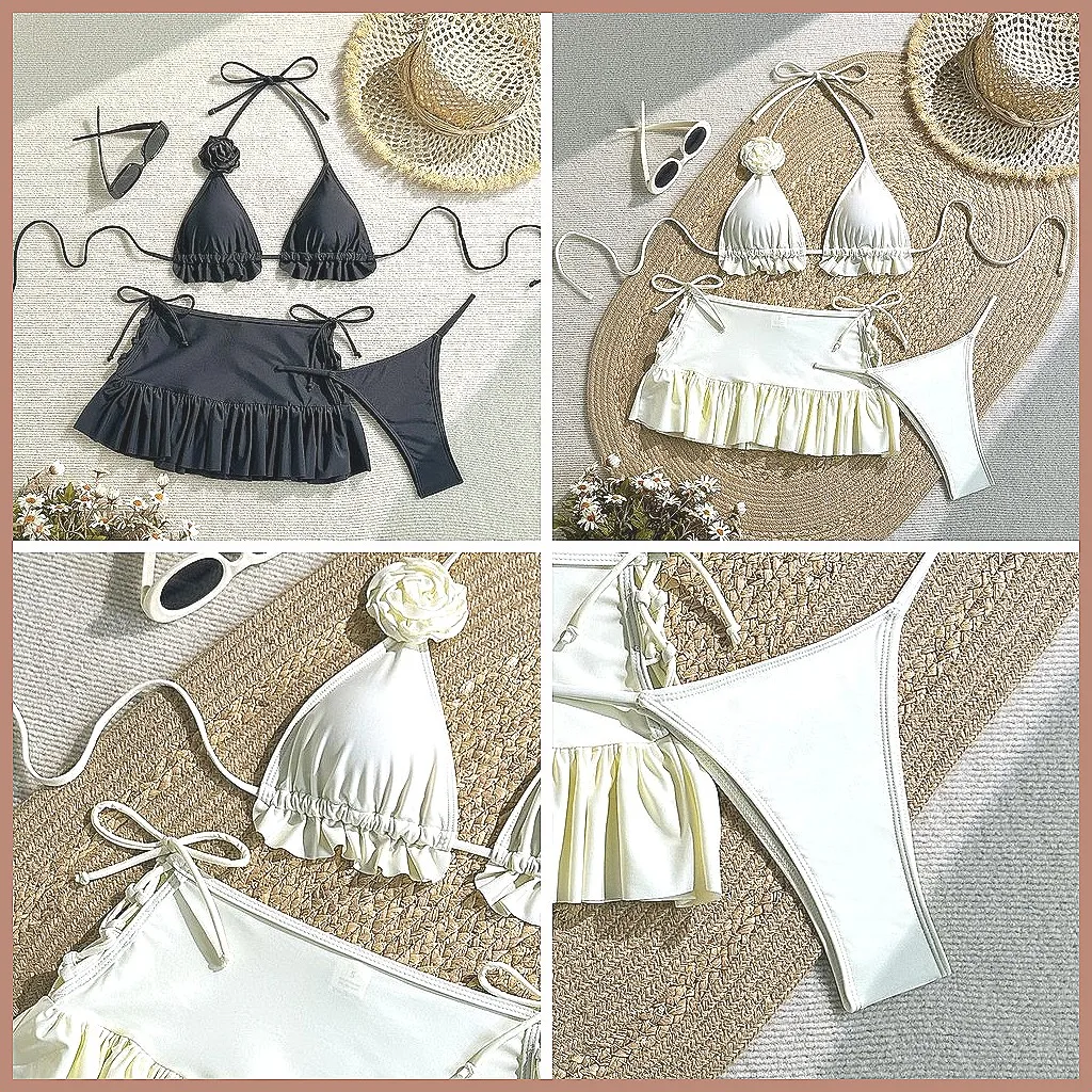 

Women's 3D Flower Bikini Set: Triangle Thong, High-Cut Swimsuit & Cover-Up Skirt