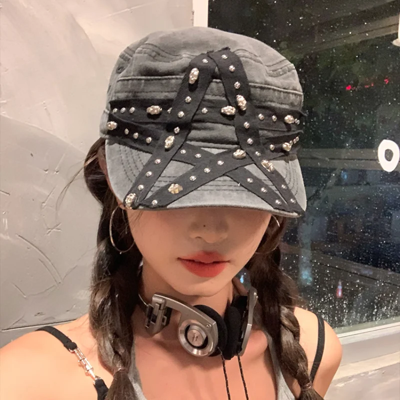 American Retro Punk Style Rivet Star Design Baseball Caps Women Summer Autumn Casual Versatile Personality Y2k Flat Top Hats