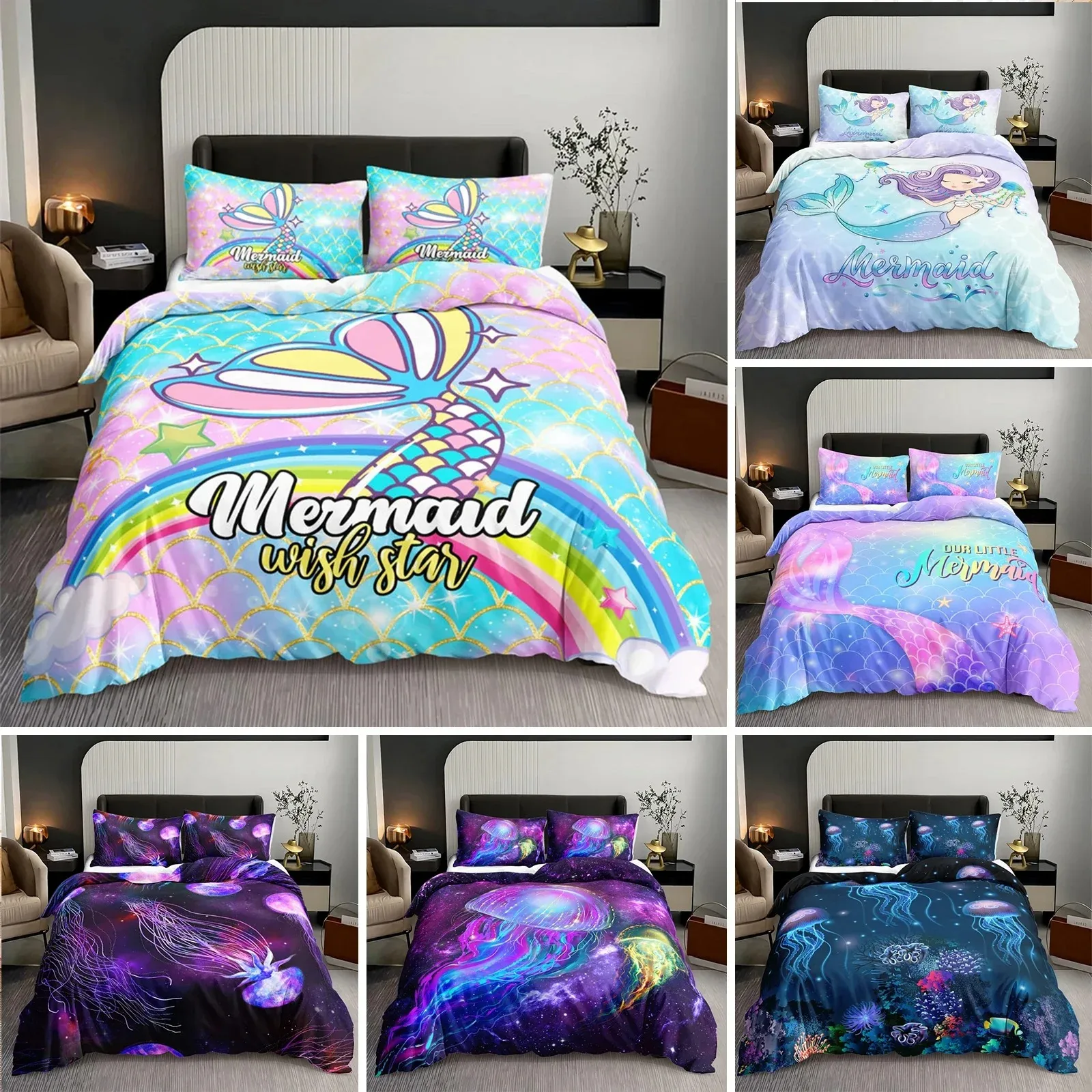 Watercolor Jellyfish Duvet Cover Mermaid Kawaii Sea Turtle Bedding Set Full For Boys Girls Gift Sea Ocean Theme Comforter Cover