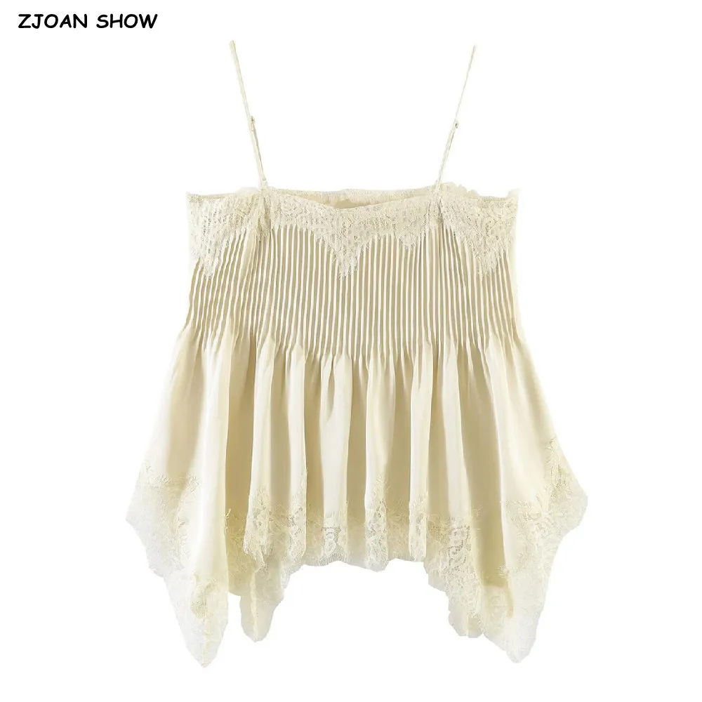 Sexy Women Apricot Spliced Lace Slash Collar Front Pleated Camisole Women Hem Asymmetry Tank Tops Waist Crop Top Camis