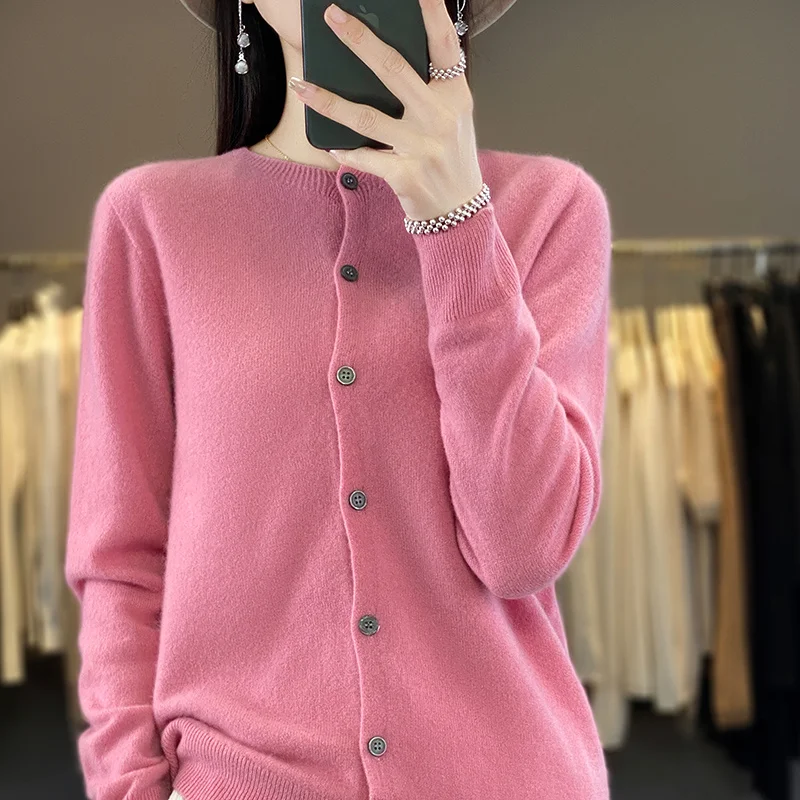 Spring, Autumn and Winter 100% Merino Wool Ladies Round Neck Sweater Cardigan Basic Long-sleeved Knit Cardigan Women\'s Short Top