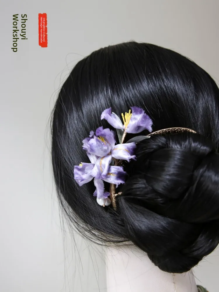 オリジナルデザイン高級ベルベットフラワーヘアコーム　おしゃれで上品なアイリス柄ヘアアクセサリー　伝統工芸シルク素材
