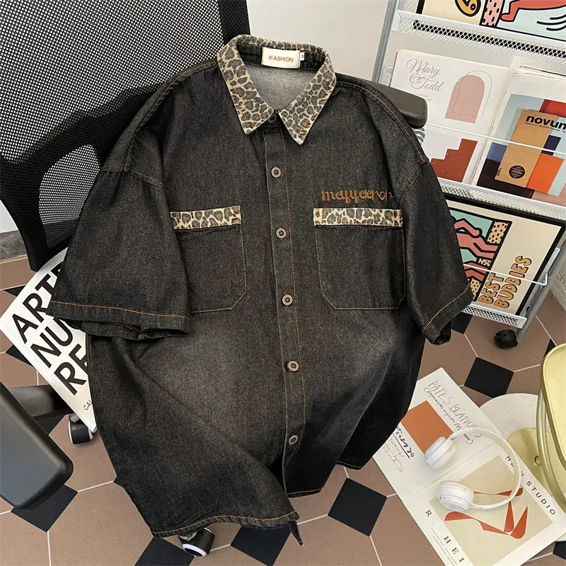 Men's Short Sleeve Denim Shirt Summer Leopard Print Splicing Lapel T-shirt American Casual Fashion Loose Single Breasted Tees