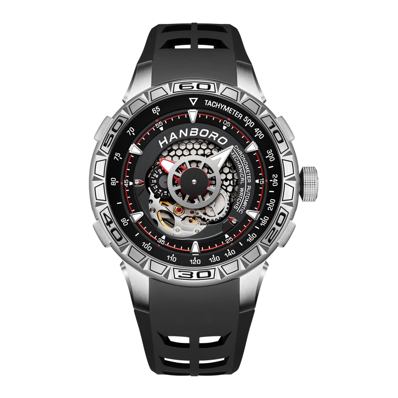 

HANBORO Men Automatic Watch Luxury Mens Watches Mechanical Wristwatch Skeleton Fashion Waterproof Luminous 82S7 Rubber Strap