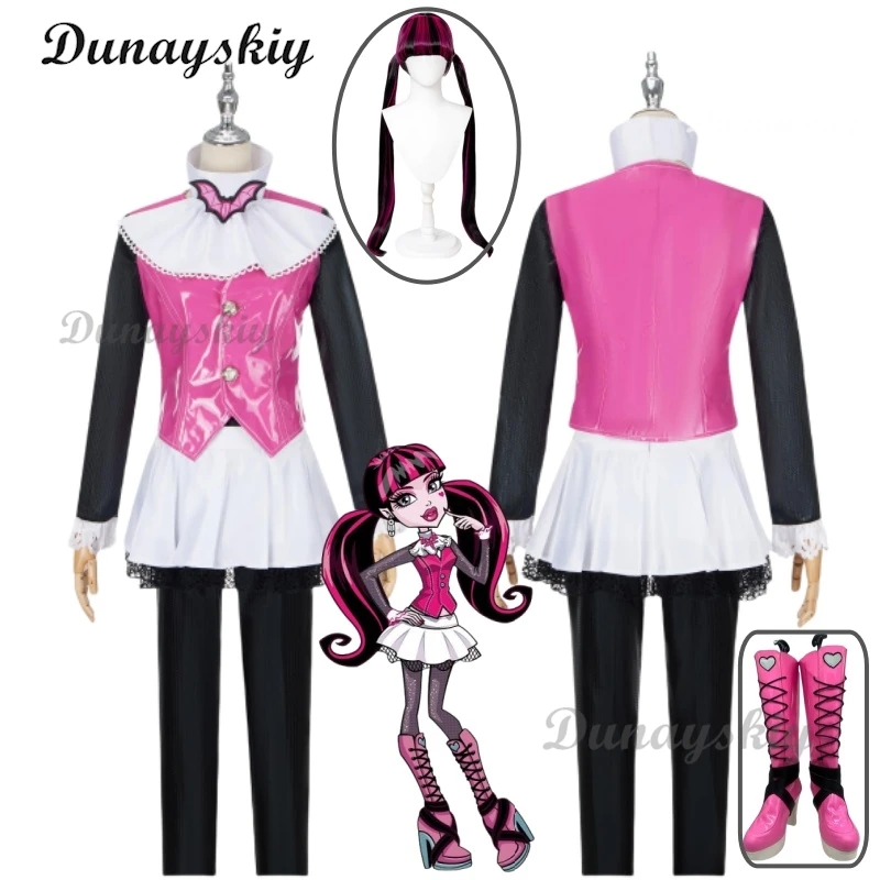 Draculaura Cosplay Monster Cos High: Draculaura Costume Wig Pink Suit Vampiree Draculaura Female Cosplay Halloween Shoes