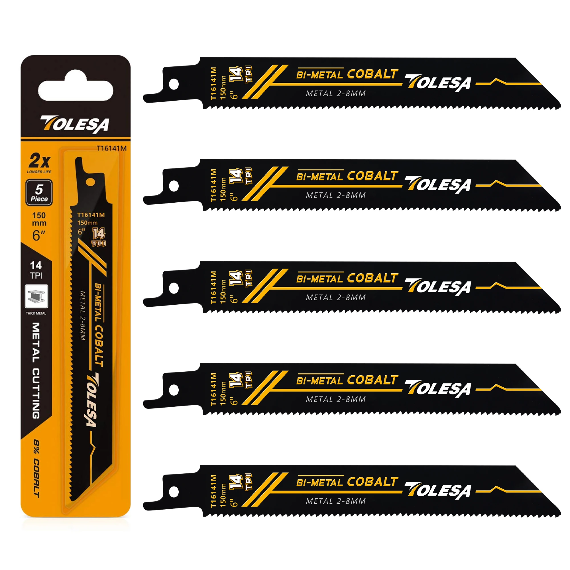 TOLESA Heavy Metal Cutting Reciprocating Saw Blades 6 Inch 14TPI Endurance for Pipe, Rebar, Bi-Metal Sabre Saw Blades 5 Pack