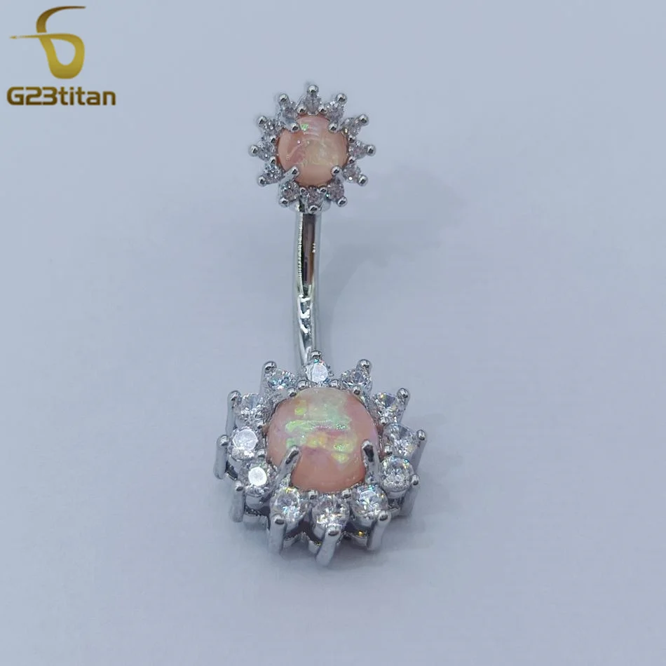 G23titan Pink Opal Crystal Sun Flower Belly Button Ring 14G Medical Titanium Bar Women Nombril Navel Piercing Ombligo Jewelry