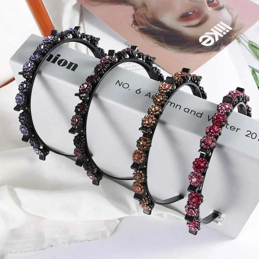 

Korean style Fixed Multi-storey Rhinestone Flower Black Braided Hair Clip Toothed Clip Styling Tool Weave Head Hoop