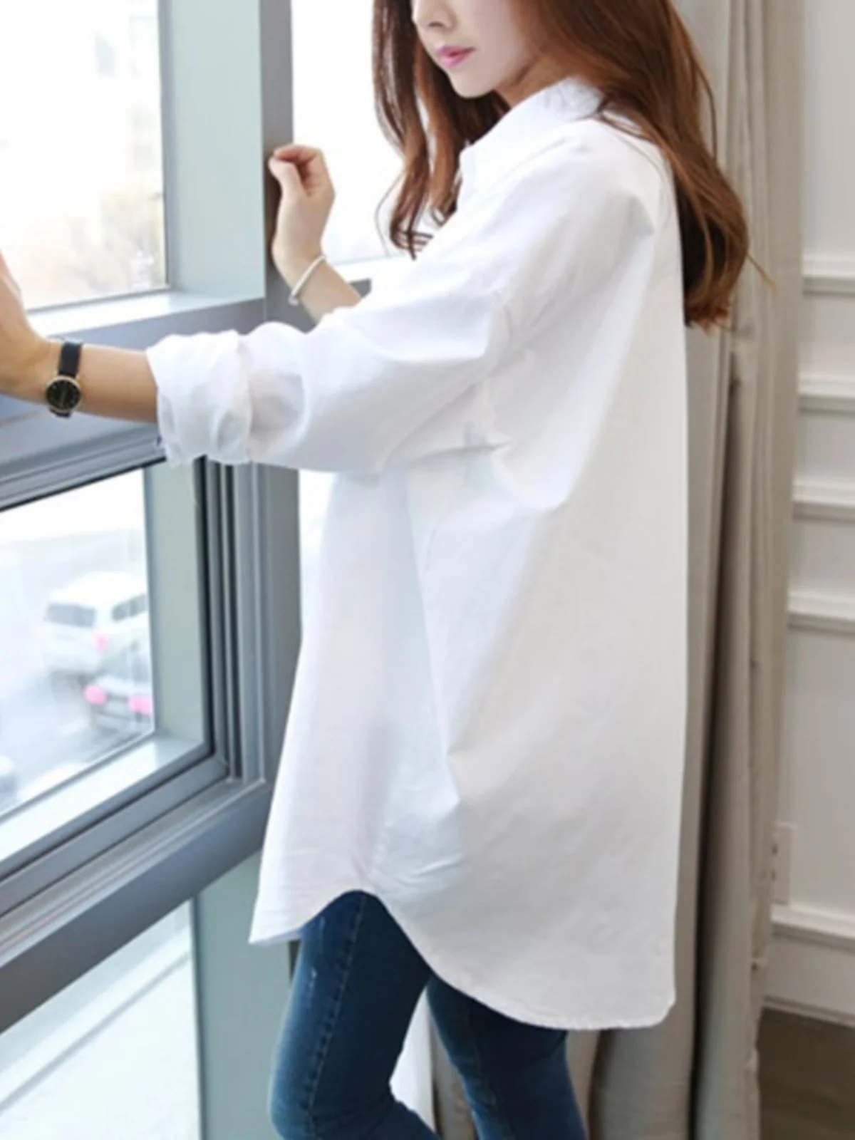 

Loose Women's White irt Long Sve BF Sle Spring Autumn Dongda Gate 2024 Korean Version Comfortable Polyester Blend
