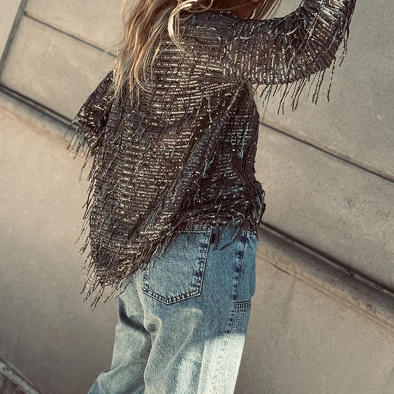 Casual Streetwear สีทึบพู่เสื้อ Elegant Vintage ฤดูใบไม้ร่วงหลวม Top เซ็กซี่ผู้หญิง O คอยาวแขนยาวเสื้อยืด