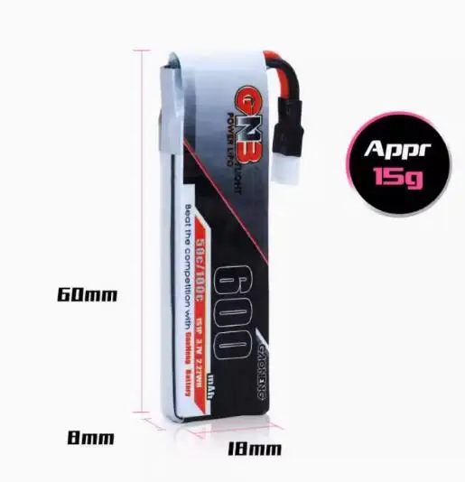 GNB 600mAh 1S LiPo 배터리, 3.7V 50C PowerWhoop mCPX 커넥터, 인덕트릭스 FPV 플러스 소형 7 RC 마이크로 FPV 쿼드콥터 드론용