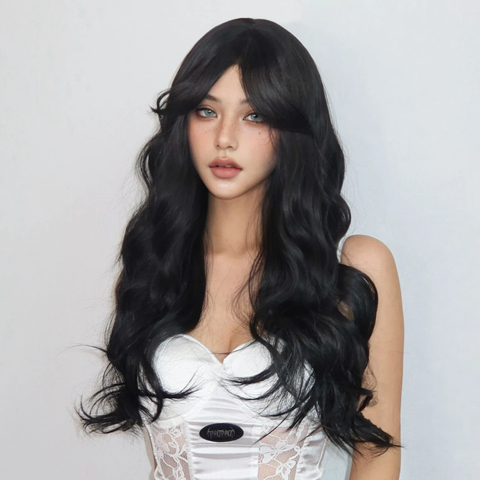 Black Long Wavy Wigs for Women Synthetic Wig with Bangs Deep Wave Hair Cosplay Wig Natural Looking Hair for Daily Heat Reisitant