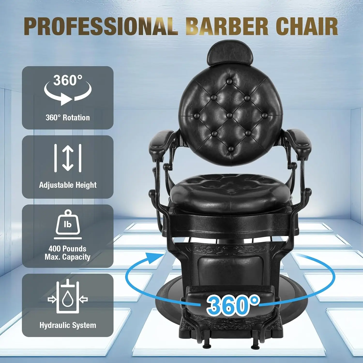 Cadeira de Barbeiro Clássica Hidráulica Profissional Vintage Reforçada com Apoio de Cabeça Ajustável para Salão e Personalizada