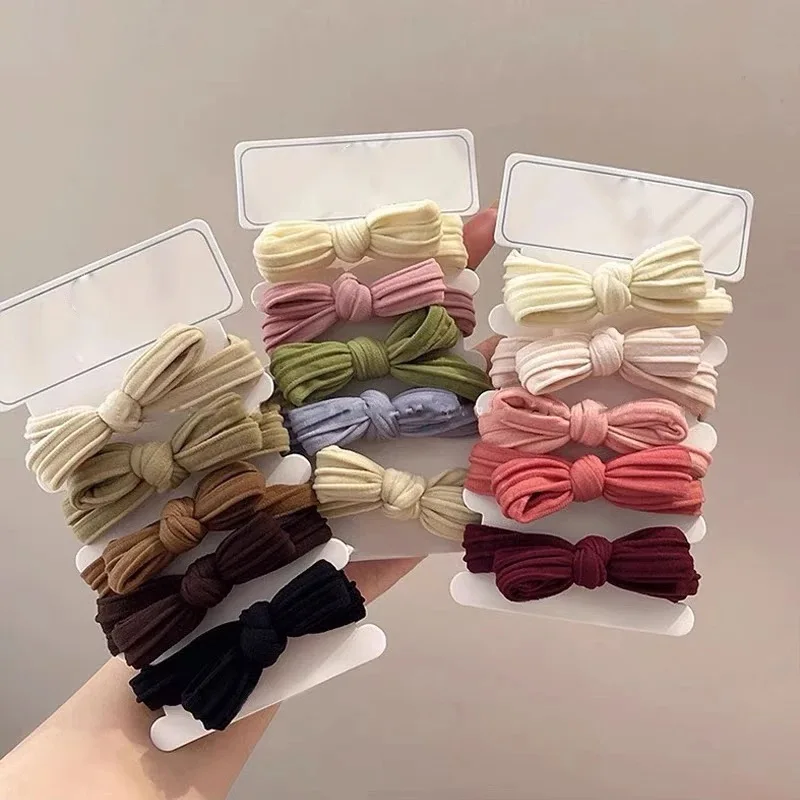 5Pcs/Set Cute Bowknot Solid Colors Girls Hair Rope Hair Accessories High Elastic Hair Tie Nylon Scrunchie Headbands Headwear