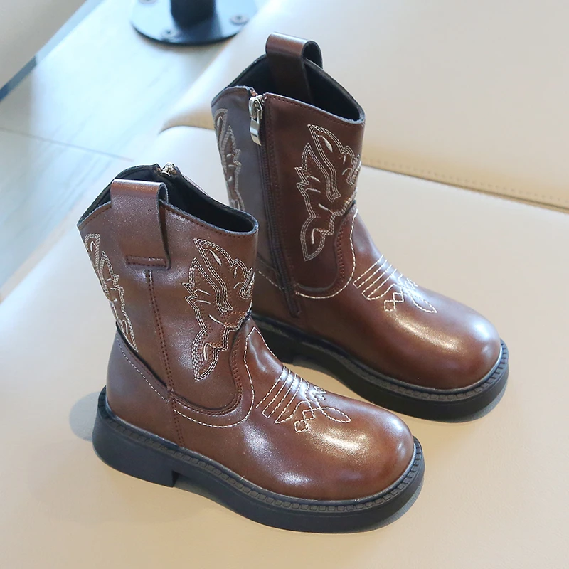 Stivali in pelle PU per bambini Classic Western Cowboy ricamo ragazze stivaletti lunghi bambini autunno punta tonda suola morbida scarpe retrò