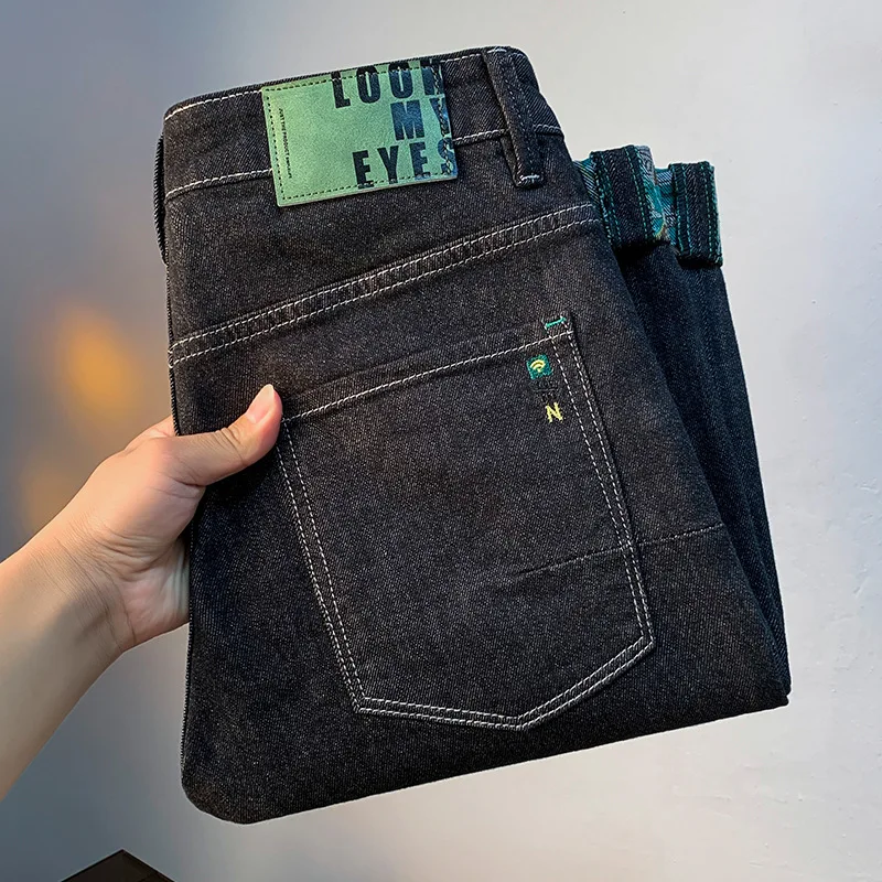 Celana ketat pria, Jeans warna utama dicuci, kasual bercetak, Denim Slim Fit musim gugur 2024