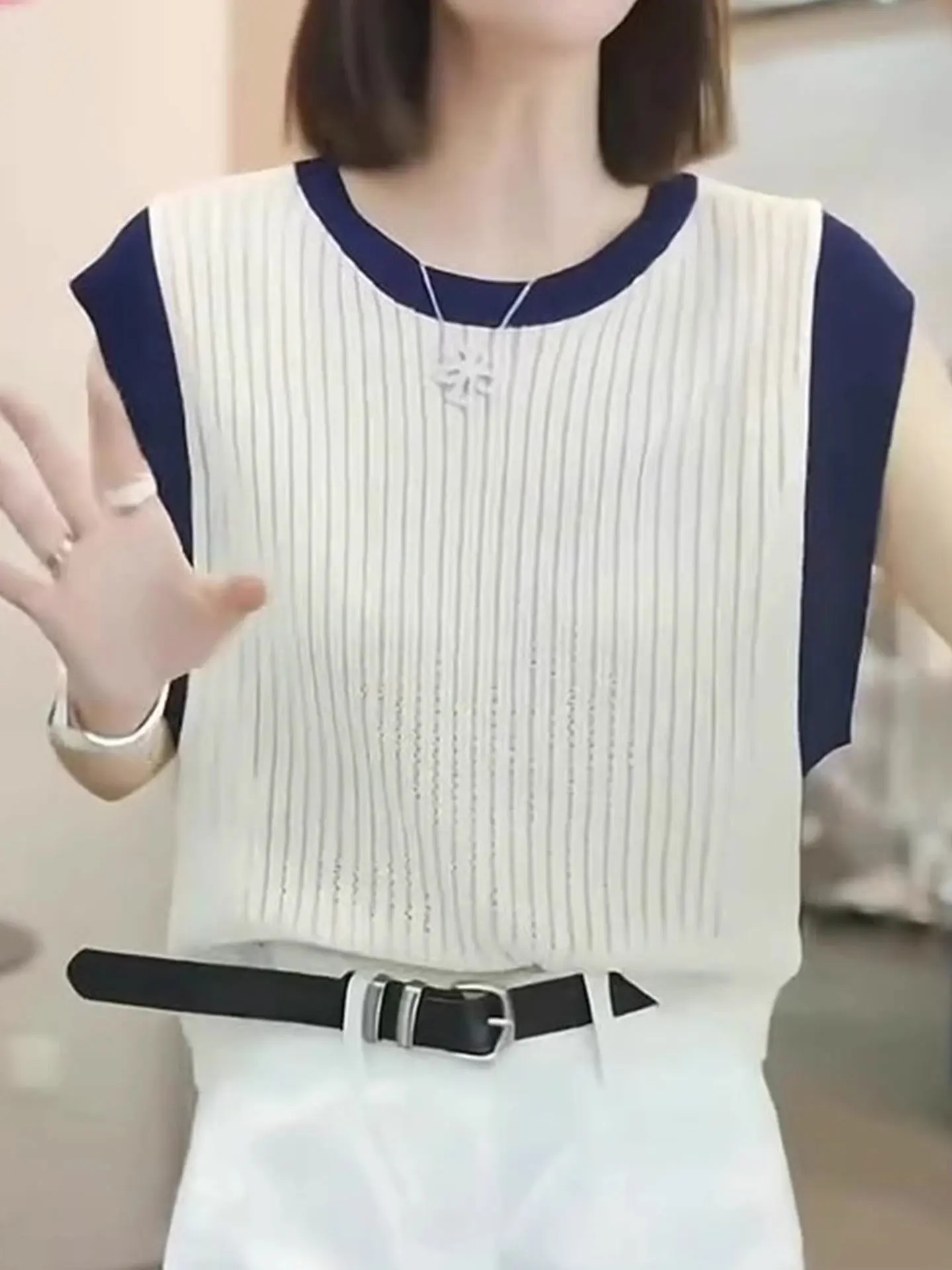 Coreano sle casual versátil confortável respirável malha irt verão cor única blo design redondo ne topo para mulher