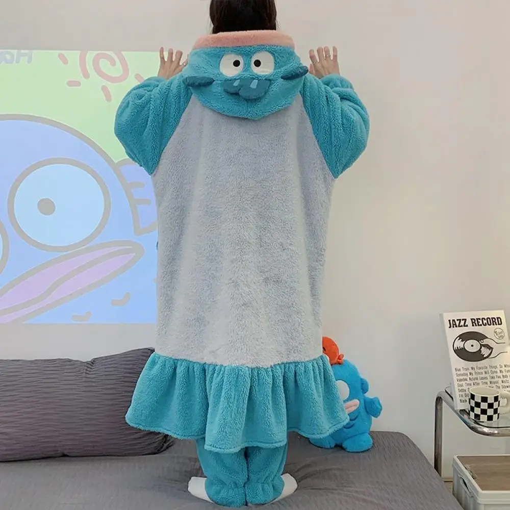 

Kawaii Hangyodon 2Pcs Plush Pajamas Set Women Autumn Winter Thicken Hooded Homeclothes Girls Thicken Cute Sleeping Gown Pants