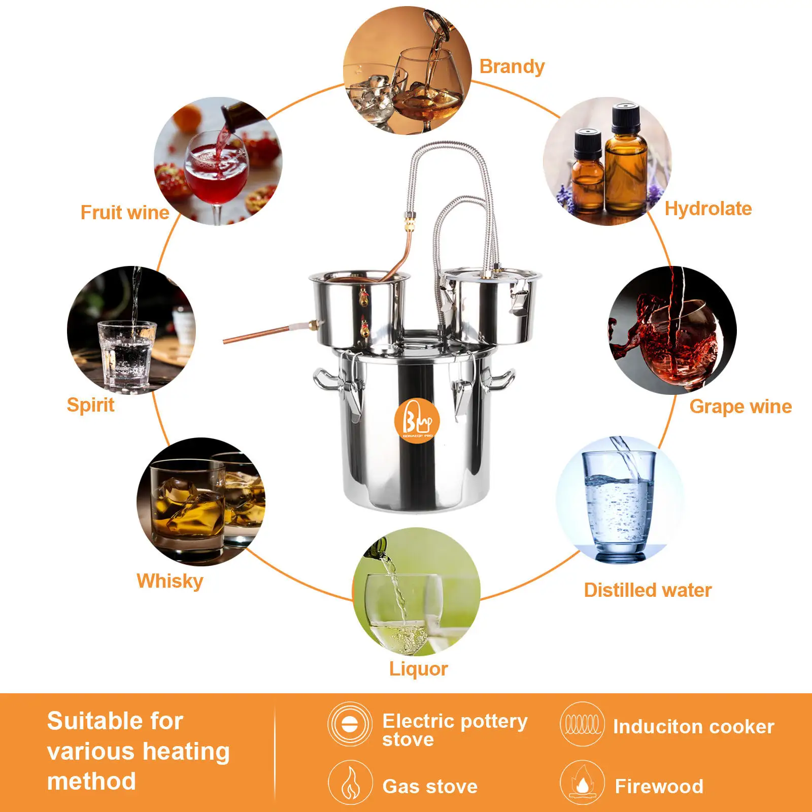 Home Alcohol Distiller Kit - Stainless Steel Homebrew Beverage Maker,  Food-Grade Easy-Operate Processing Set