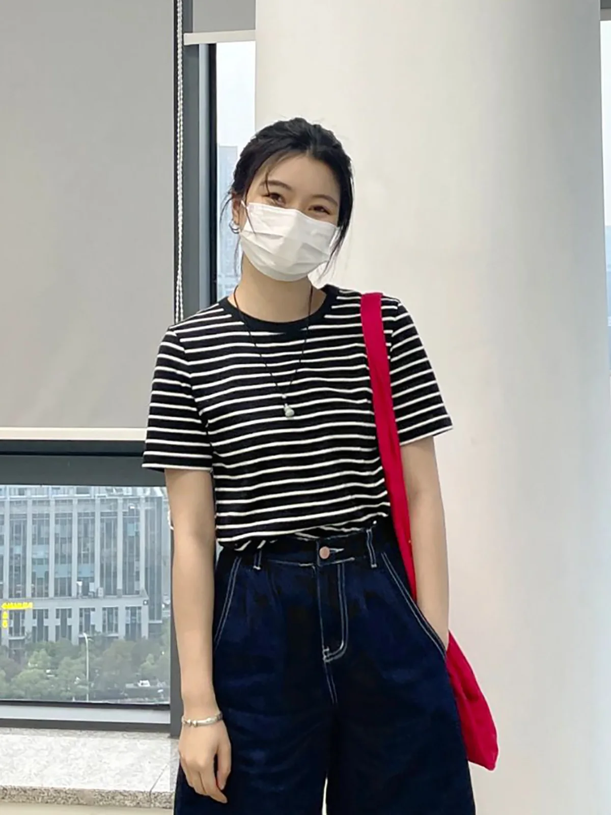 Tianlan Stripe Short Sleeve T-Shirt Hong Kong Style Light Maturity Summer Salt System Women's INS round Neck Cotton Blend Top