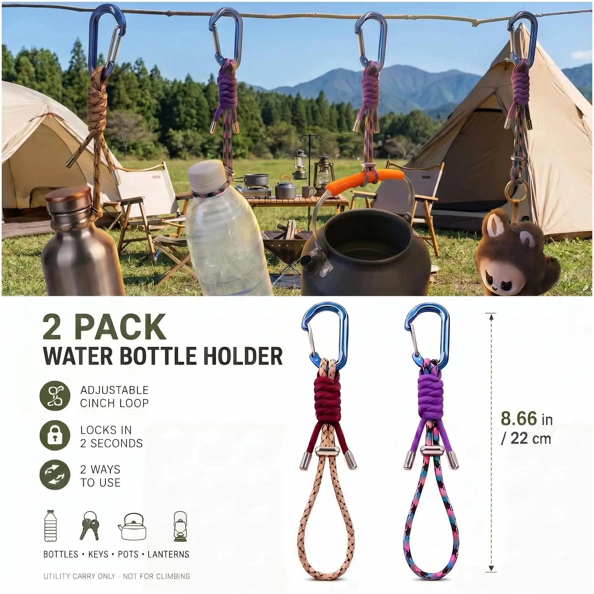 2 Pack Water Bottle Holder with Paracord Carabiner Clip, Adjustable Cinch Lanyard for Backpack Hiking Camping