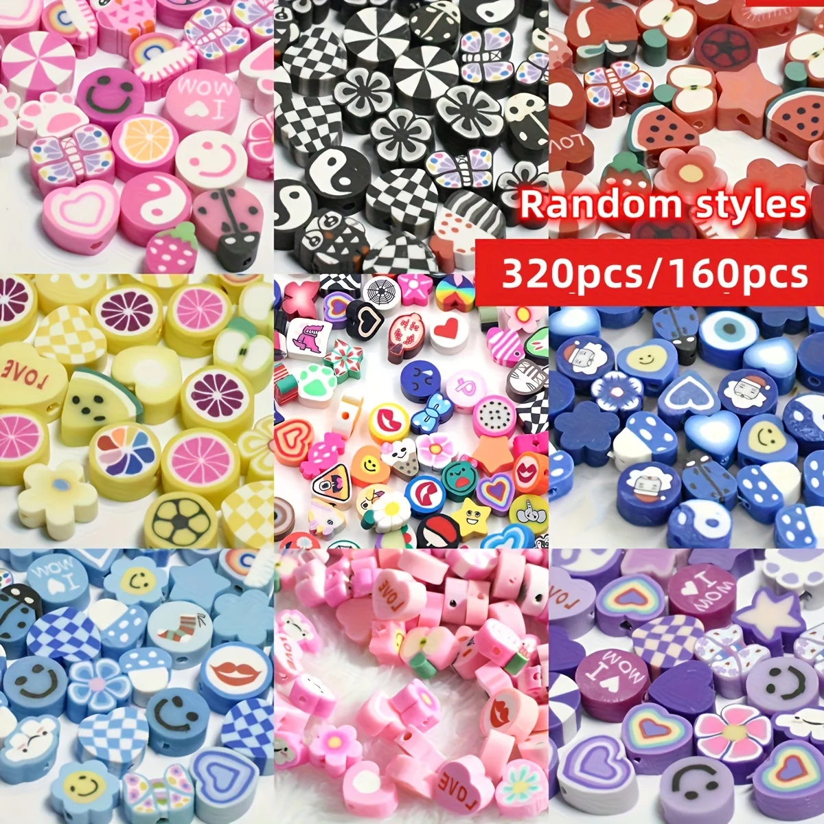 320pcs/160pcs 9-10mm Random Styles Vibrant Round Clay Beads - Assorted Heart for DIY Bracelets, Earrings, Necklaces, Jewelry