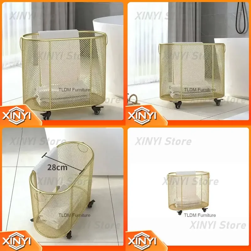Modern Luxury Bathroom Iron Art Laundry Basket for Dirty Clothes Household Storage Basket with Golden Belt Wheels