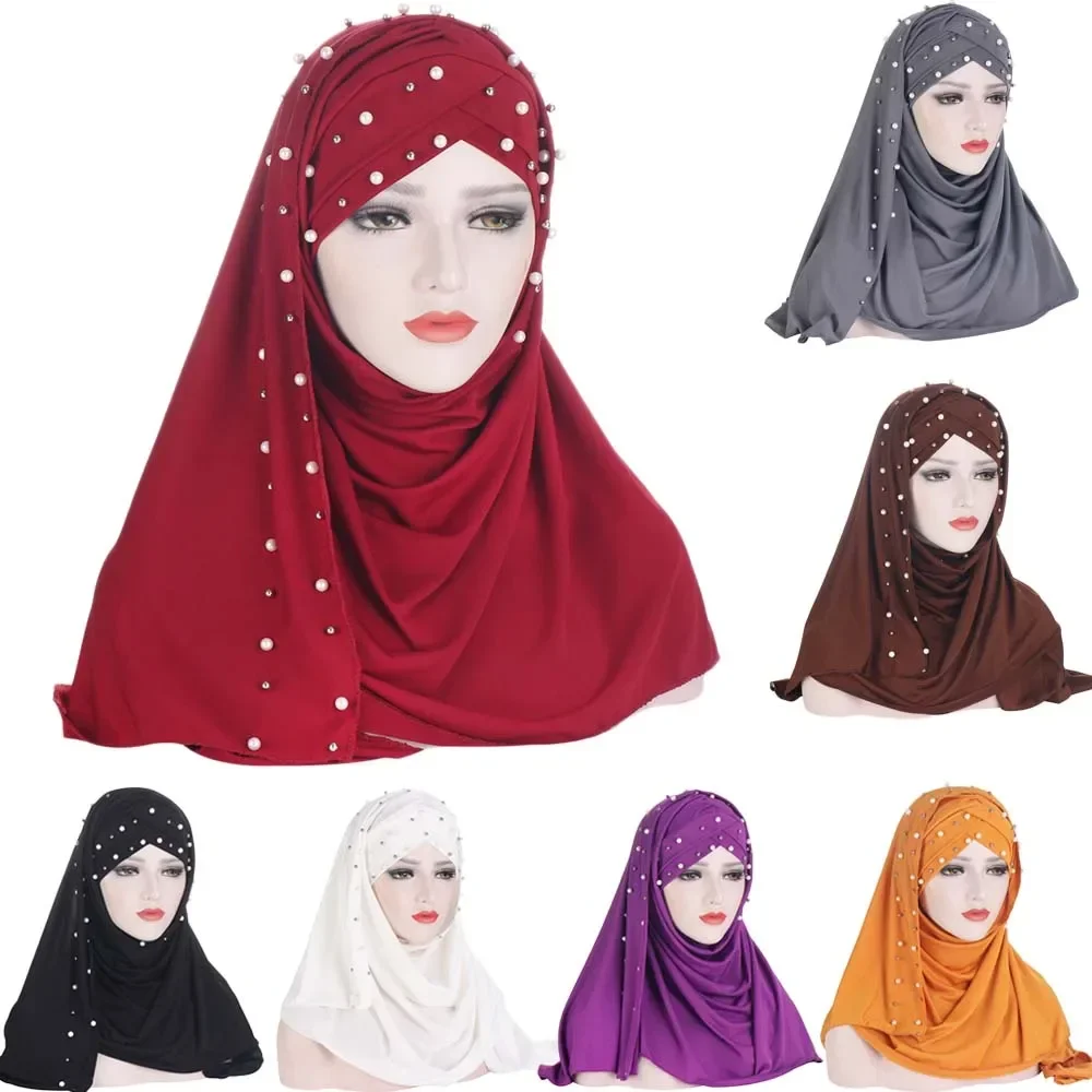 One Piece Muslim Women Pull On Ready Instand Shawl Hijab Islamic Headscarf Cap Beads Amira Headwear Scarves Wrap Middle East Eid