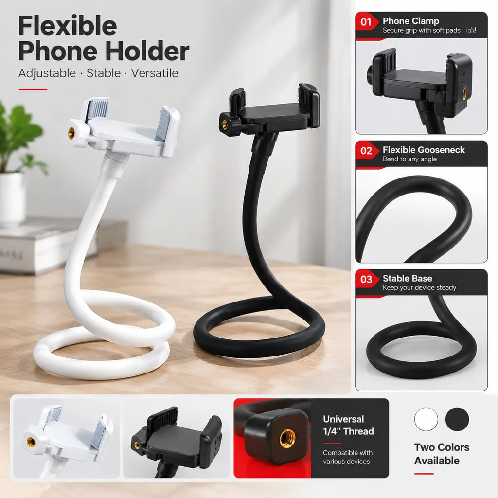 PINMOAP Flexible Baby Monitor Camera Stand Phone Holder with Adjustable Bendable Arm for Desk Bedside Office and Live Streaming