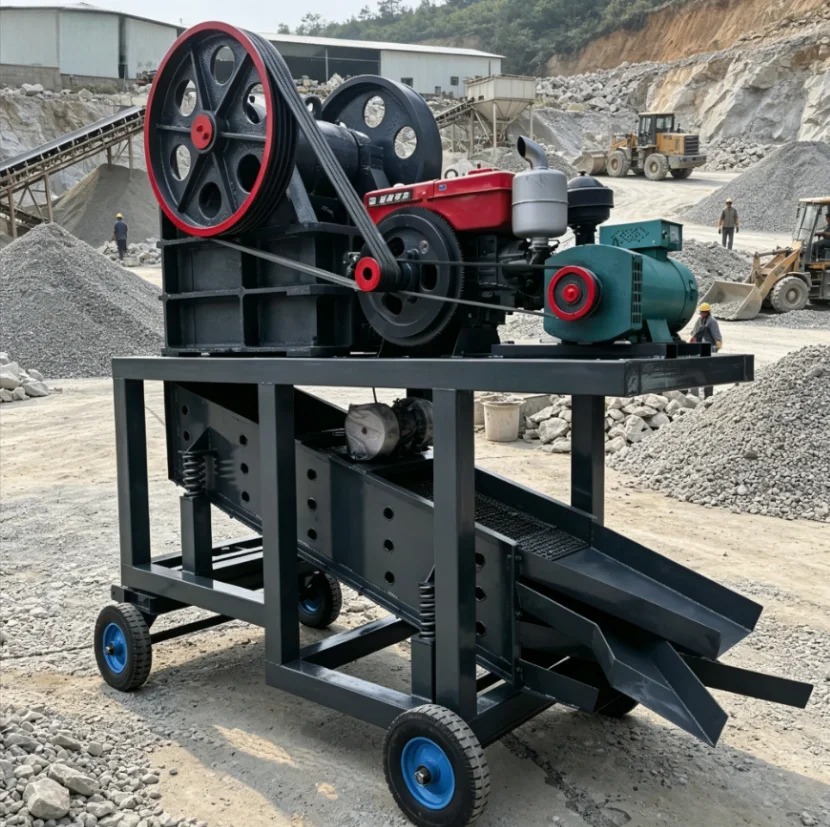 Portable Ore Mining Machinery, Mobile Rock Crusher, Crusher with Vibrating Screen and Hopper.