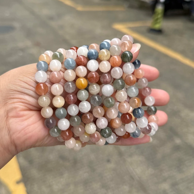 Natural Stone Dark Red Rutilated Quartz Colorful Crystal Charm Bracelets Women Simple Round Bead Stretch Healing Yoga Jewelry