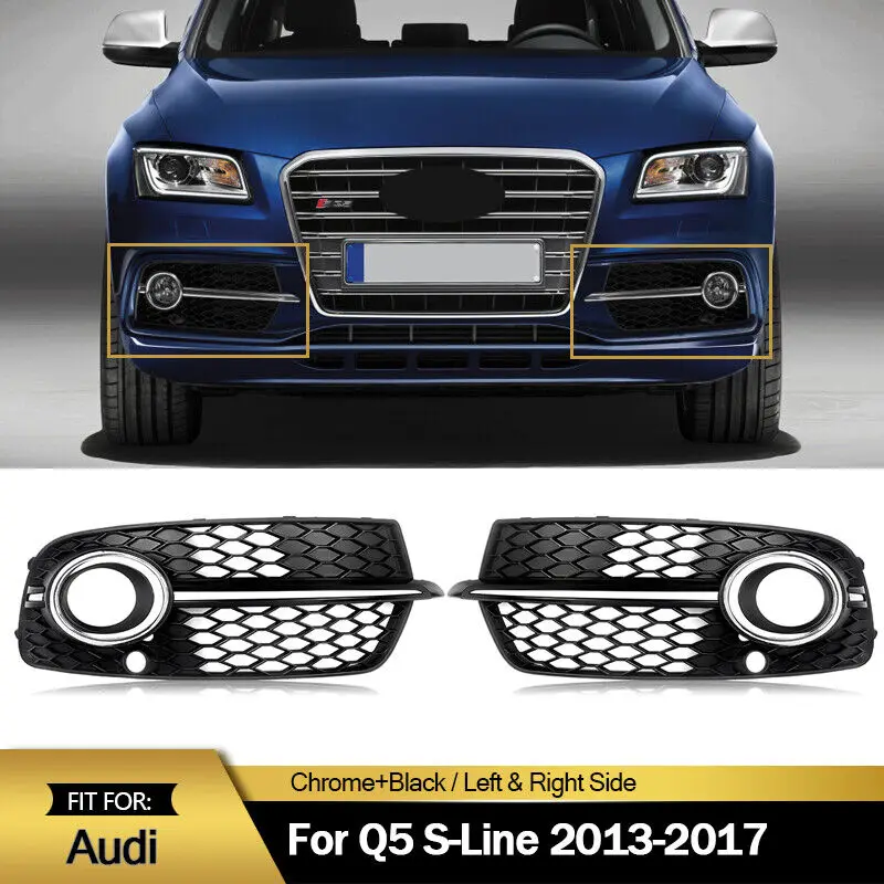 Front Fog Light Grille Cover Chrome Trim For 2013-2017 Audi SQ5/Q5 S-Line LH+RH