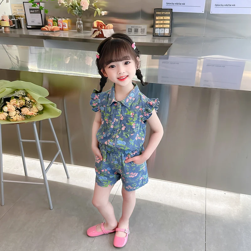 Summer Children Denim Floral Vest Shorts 2 Pcs Suit Baby Girls Clothing Sets Kids Casual Clothes Outfits 2-8 Years Sportswear