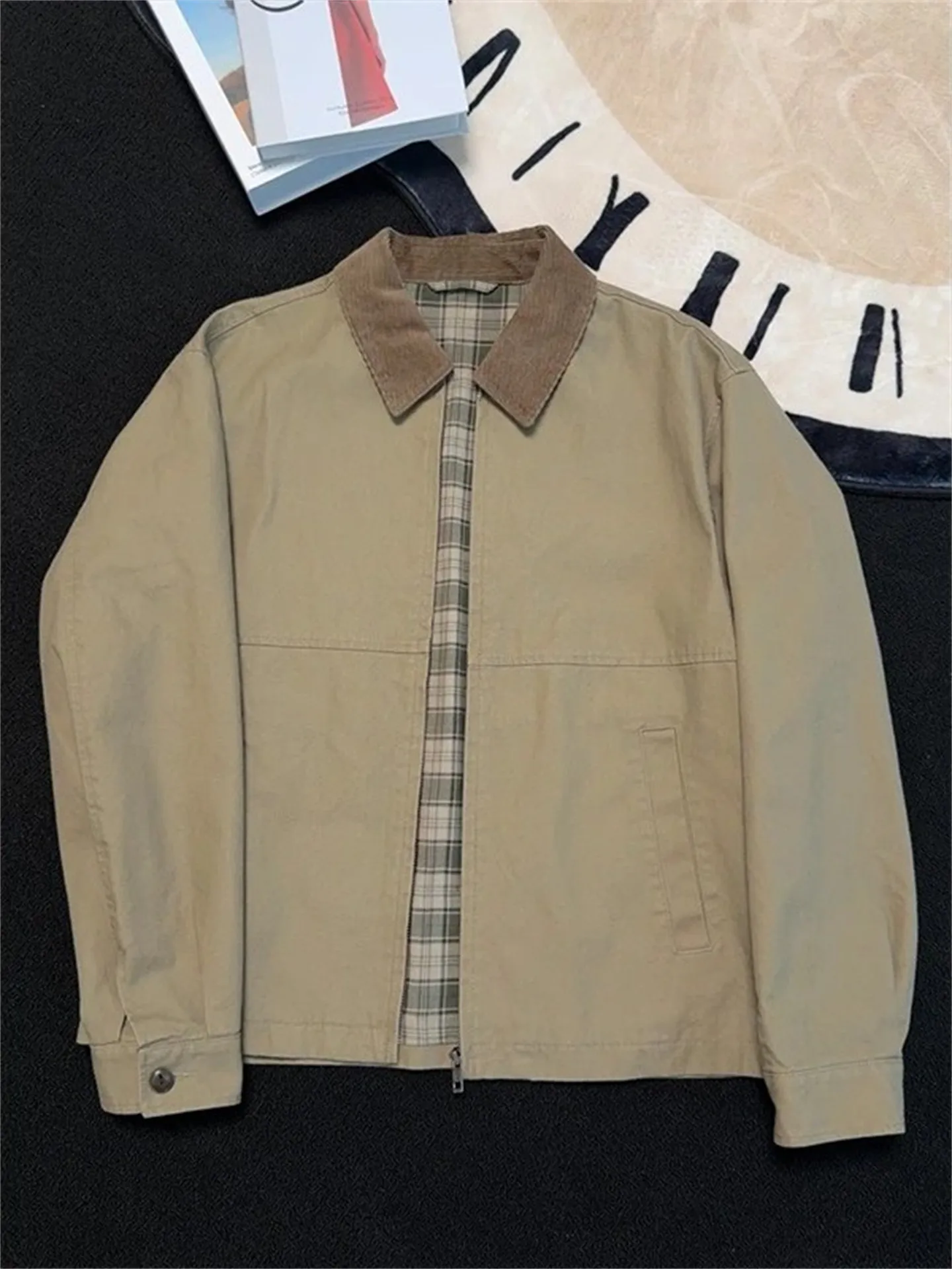American Detroit Canvas Work Jacket Men's Short Collar Stand up Patchwork Washed Barn Style Outerwear Loose Fit Youthful Trend
