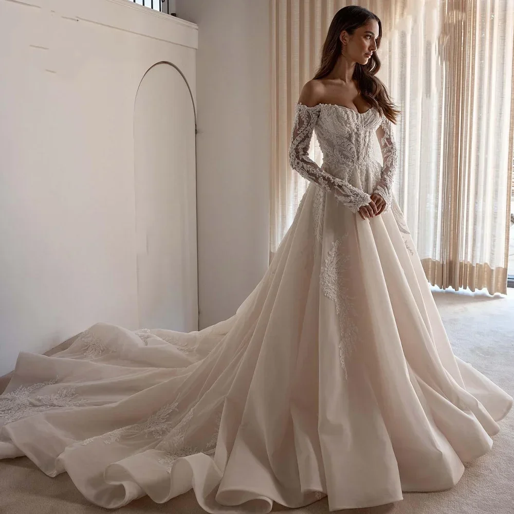 

Elegant A-line Ball Gown Strapless Princess Long Sleeved Lace Applique Bridal Gown for Women's Vestidos De Novia Customized