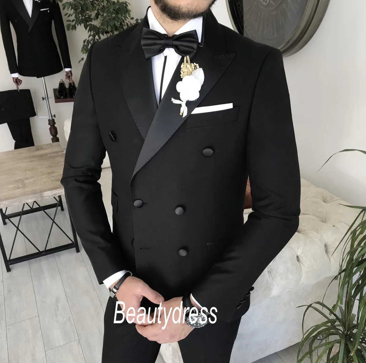 Tuksedo Pernikahan Biru Navy Pakaian Pengantin Pria Setelan Slim Fit Prom BestMan Pengiring Pria Blazer (Jaket + Celana + Pita)