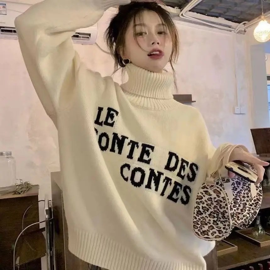 2024 Turtleneck Pullover Warm Lazy Style Loose Autumn and Winter Korean Lettered Streetwear Knitted Sweater Top Women Clothing