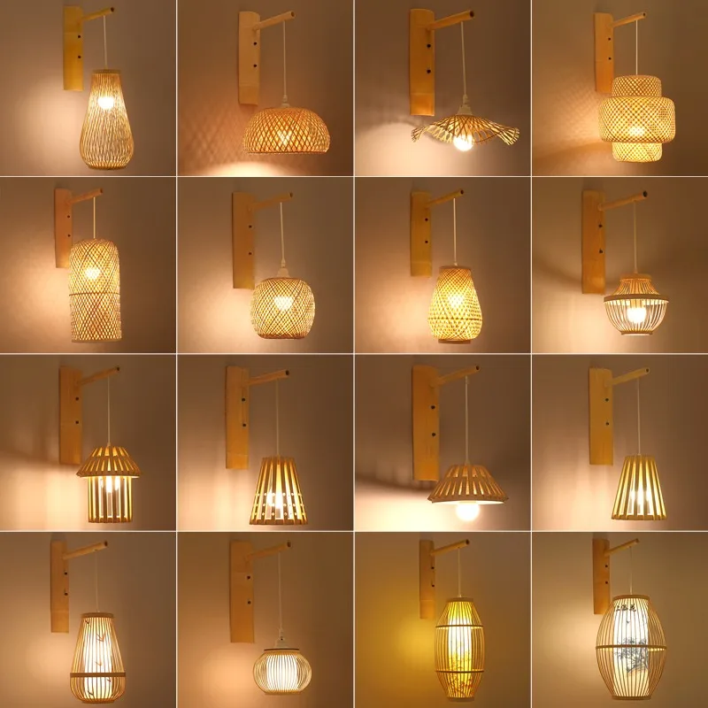 

New Chinese Bamboo Art Wall Lights AisleDecoration Retro Bedroom Bedside Sconce Lamp Rattan Lantern Indoor Lighting